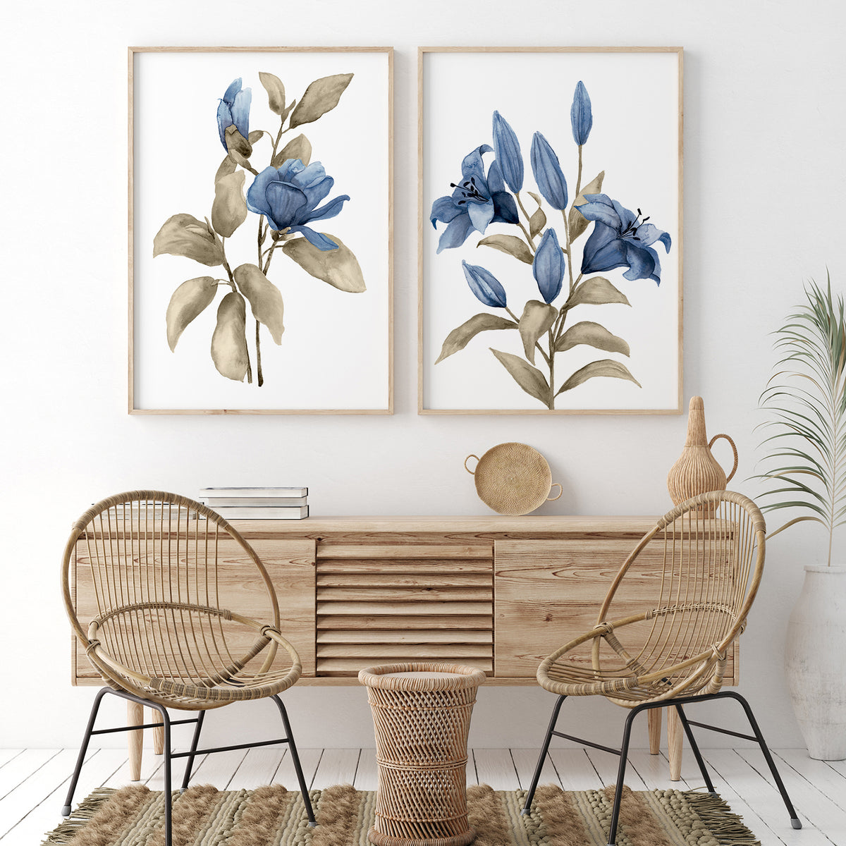 Navy blue botanical flower wall art set of 2 – Watercolor Botanicals
