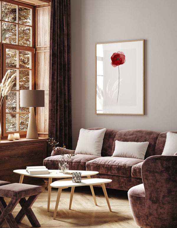 A large-scale framed watercolor painting of a single red poppy flower, displayed prominently on a neutral-colored wall in a living room with a plush velvet sofa and a pair of accent chairs. The room features a large window with curtains, adding a touch of warmth and coziness. The overall aesthetic is sophisticated and inviting, with the red poppy painting providing a vibrant focal point.