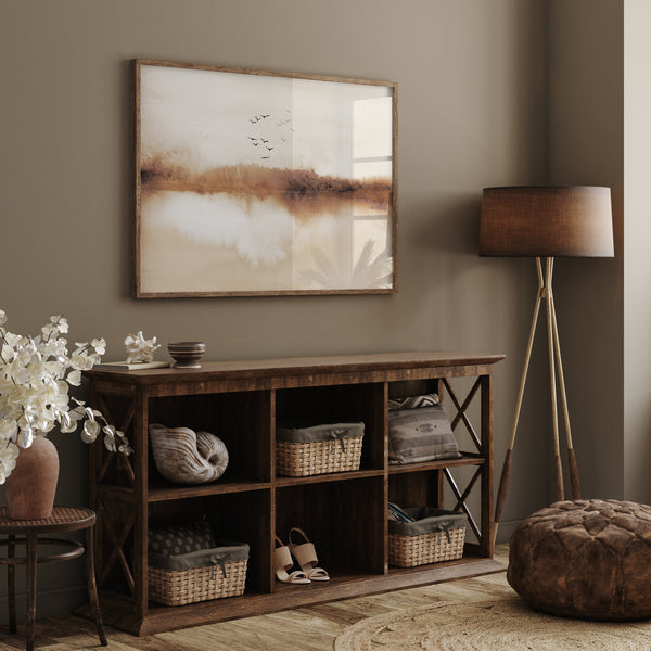 Abstract Landscape Print with Flying Birds – Autumn Watercolor Wall Art in Earth Tones