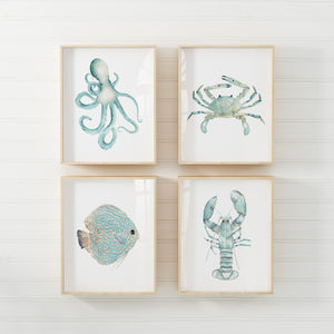 Modern coastal sea animal wall décor, set of 4