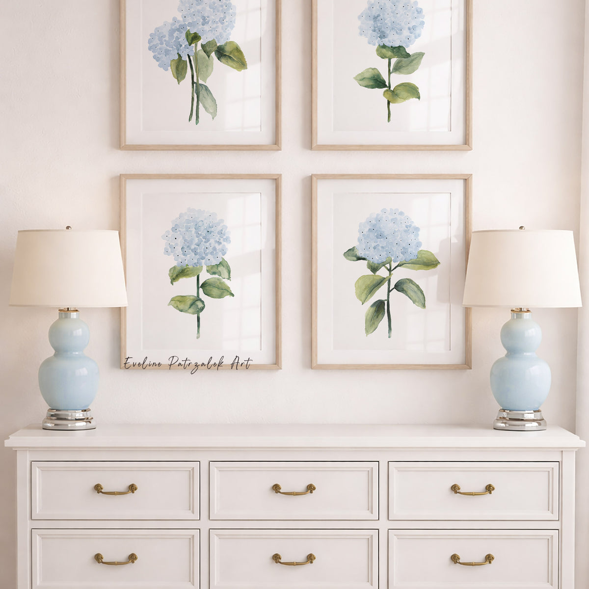 Blue Hydrangea Wall Art Set of 4 Botanical Prints Watercolor Floral Ho ...