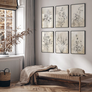 Set of 6 Vintage Botanical Prints – Neutral Wall Art with Flowers, Grasses & Stems for Living Room, Bedroom or Farmhouse Decor