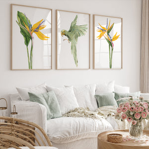 Summer Wall Art – Tropical Watercolor Parrot & Strelitzia Flowers, Set of 3 Minimalist Botanical Prints, Modern Nature-Inspired Decor