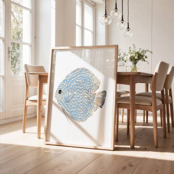 Blue Coastal Wall Art Print - Light Blue Discus Fish on White Background, Modern Living Room Decor