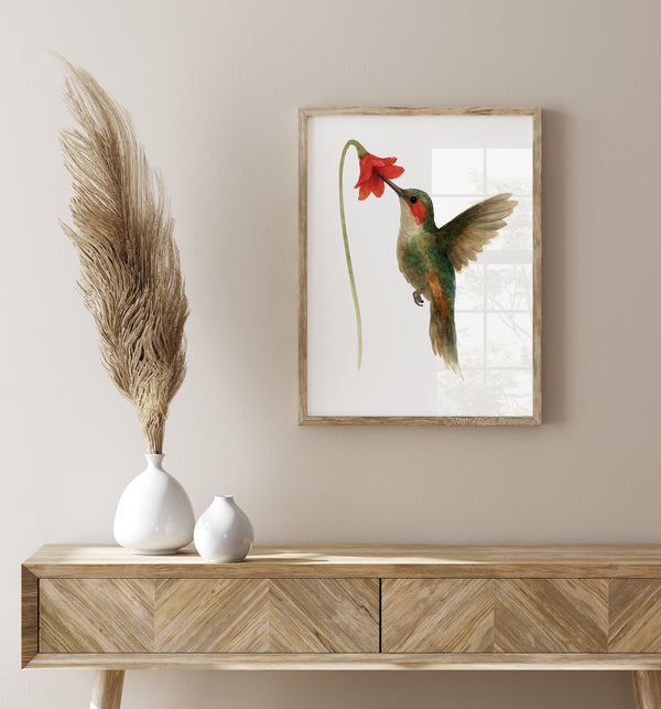 Handgemaltes Aquarell-Kunstwerk Kolibri, Farbenfroher Vogel mit gelben Blüten