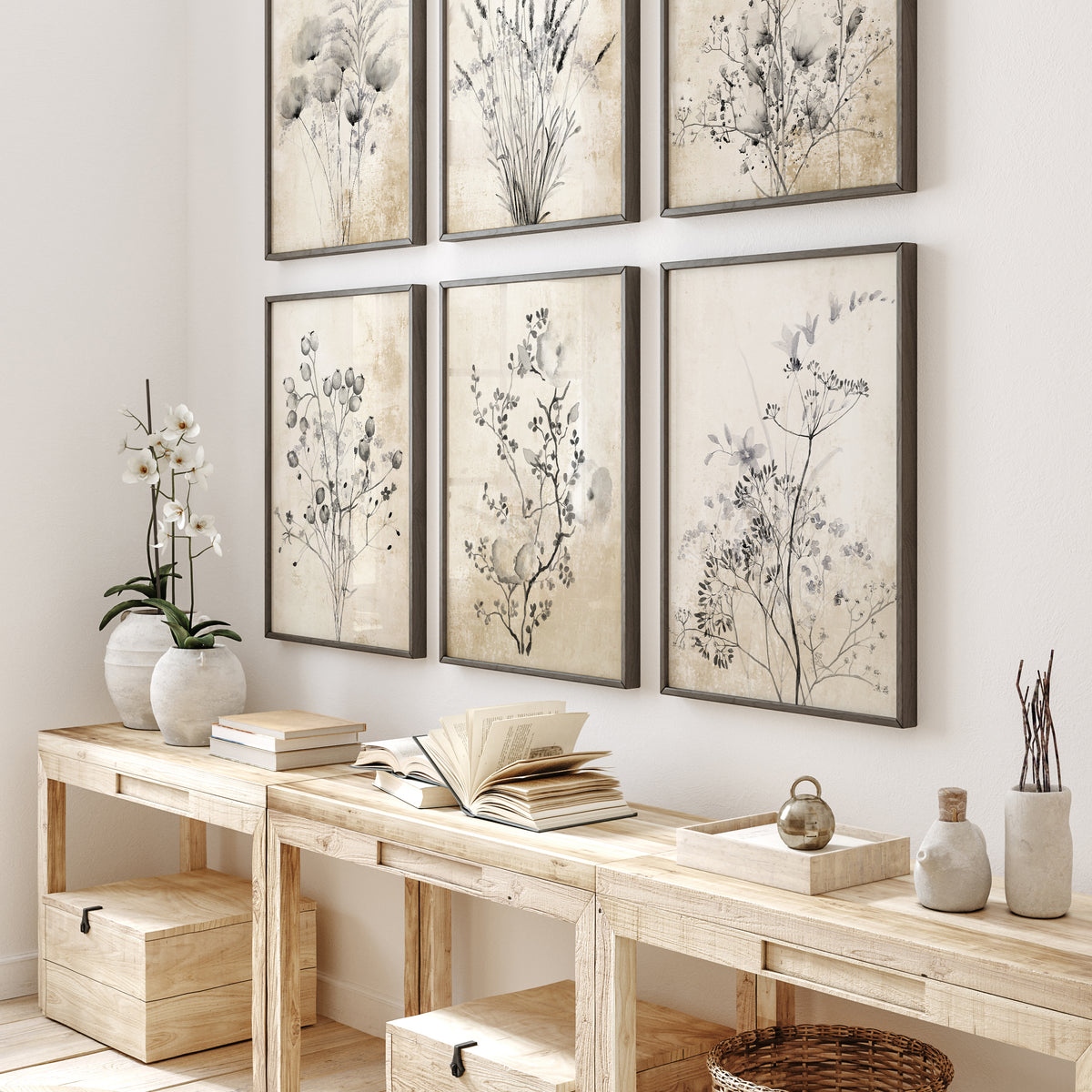 Set of 6 Vintage Botanical Prints – Neutral Wall Art with Flowers, Gra ...