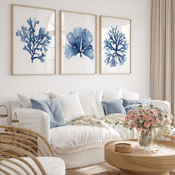 watercolor set of 3 minimalist blue corals put into wooden frames hang above white sofa