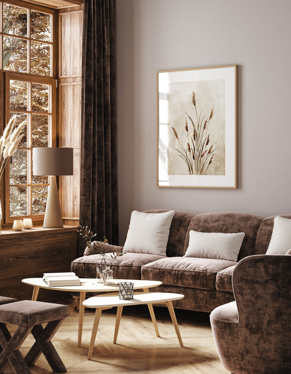 Set of 2 Farmhouse Style Prints – Watercolor Botanical Grass Wall Art in Beige and Brown Tones