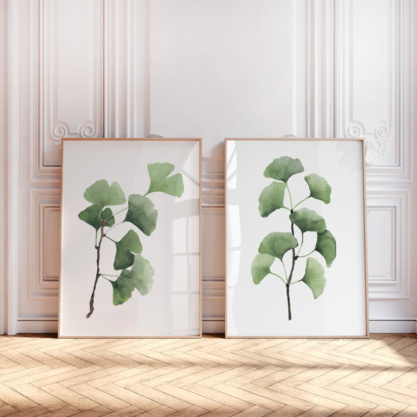 Botanische Wandkunst – Set aus 2 Ginkgo-Blatt Postern in Aquarell – Japandi & Skandinavische Wohnkultur