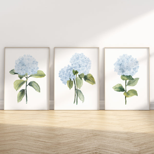 set of 3 hydrangea flowers standing on teh floor