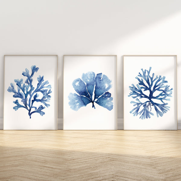 set of 3 indigo blue corals stands on the floor