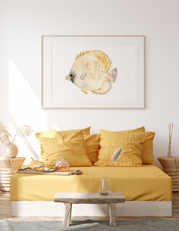 Yellow watercolor fish, set of 2 prints, kissing fish wall art