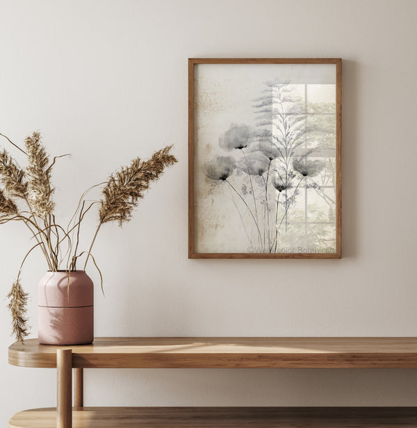 A close-up of a botanical illustration showcasing a bouquet of flowers in black ink on a vintage-inspired tan background. The artwork is displayed in a minimalist setting with a wooden console table and dried pampas grass.