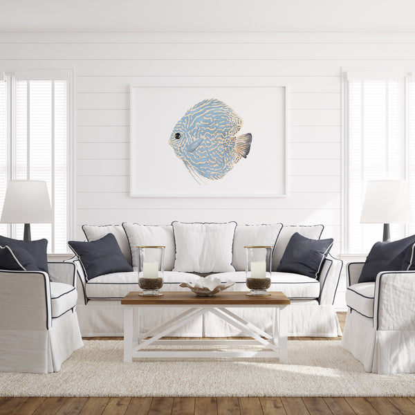 watercolor minimalist blue discus fish lookung to the left, painted on white background hangs in white frame above a large Florida couch