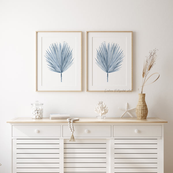 Blaue Aquarell Palmblätter Poster – Minimalistische Botanische Drucke, 2er Set – Skandinavische Boho Wanddeko