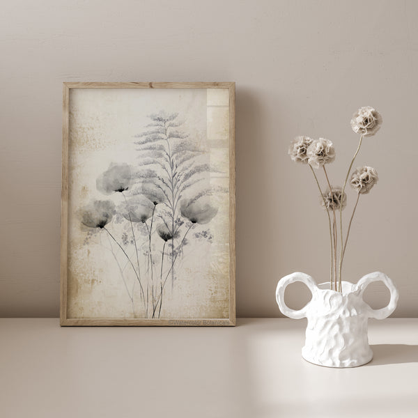 A botanical print of delicate wildflowers in black and white tones. The flowers are rendered with a minimalist style, emphasizing their graceful lines and forms. The print is displayed on a light-colored wall, which complements the muted tones of the artwork.