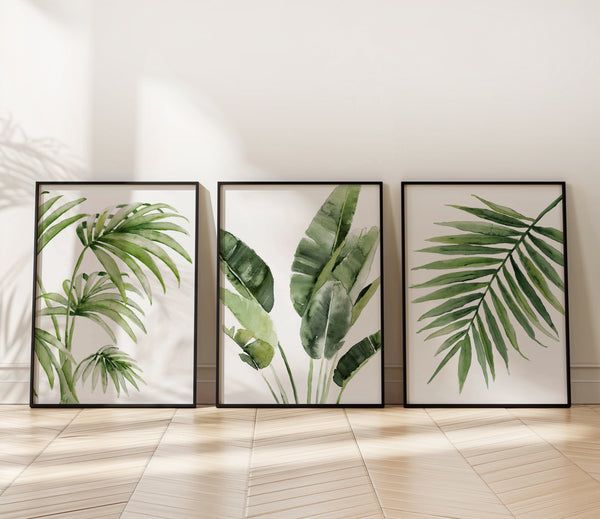 Tropische Aquarellbilder mit 3  tropischen Blättern im 3er-Set