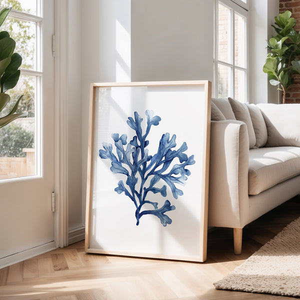 Coastal Scandi Korallen Wandkunst Set 2 – Navy-Blau Poster für Meer Deko, Wohnzimmer & Esszimmer