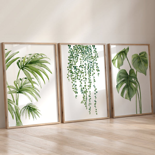 Set aus 3 botanischen Aquarell-Kunstdrucken in Grün