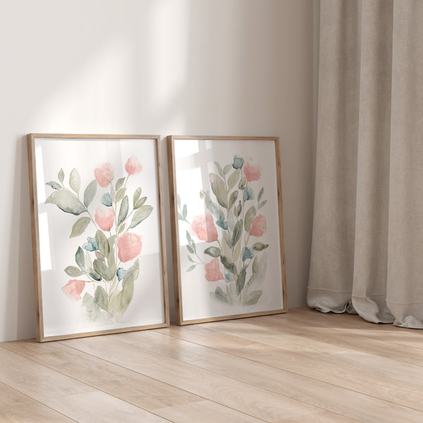 Set aus 2 Aquarellbildern mit Frühlingsblumen, minimalistische botanische Wandkunst