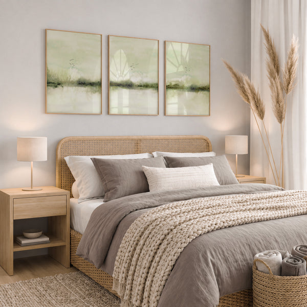 A styled bedroom scene featuring a bed with neutral-toned bedding, a woven rattan headboard and footboard, two bedside tables with lamps, three framed abstract landscape prints on the wall, and dried pampas grass decor.