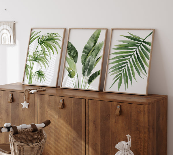 Set of 3 Green Tropical Leaves, Modern Wall Decor, Art for Living Room