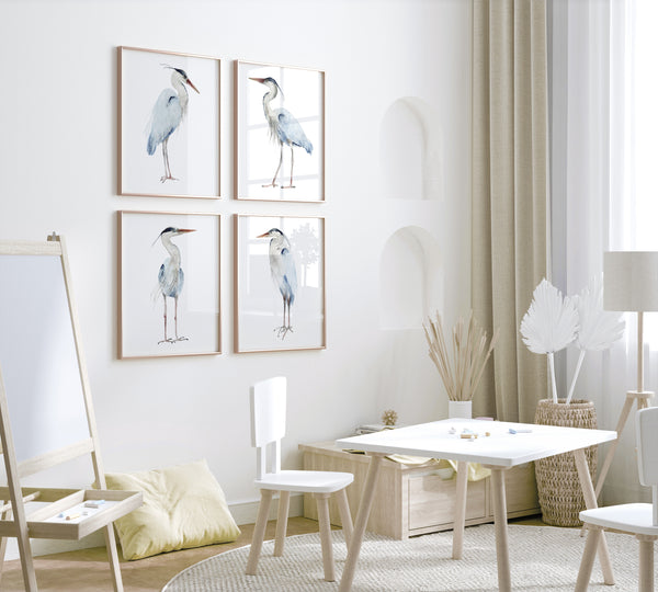 Blaues Reiher Wandbild Set – 4 Wasserfarbe Vogel Kunstdrucke