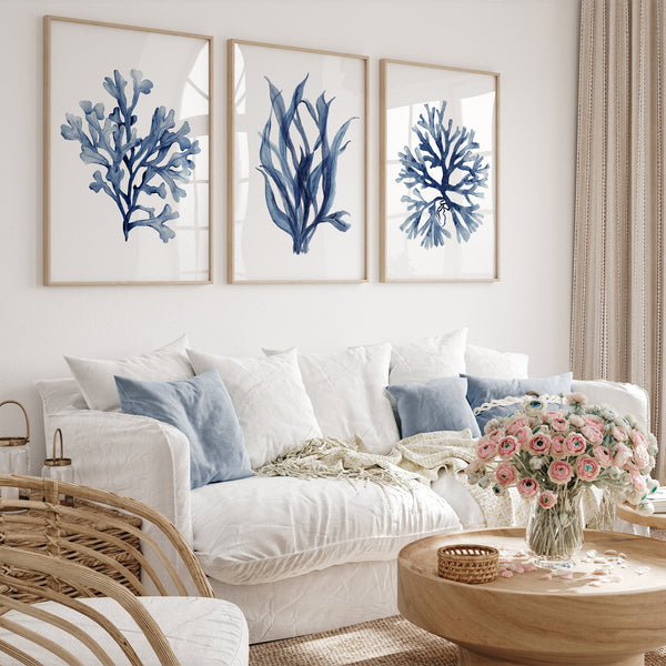 Minimalistisches Set aus 3 marineblauen Korallen- und Algendrucken