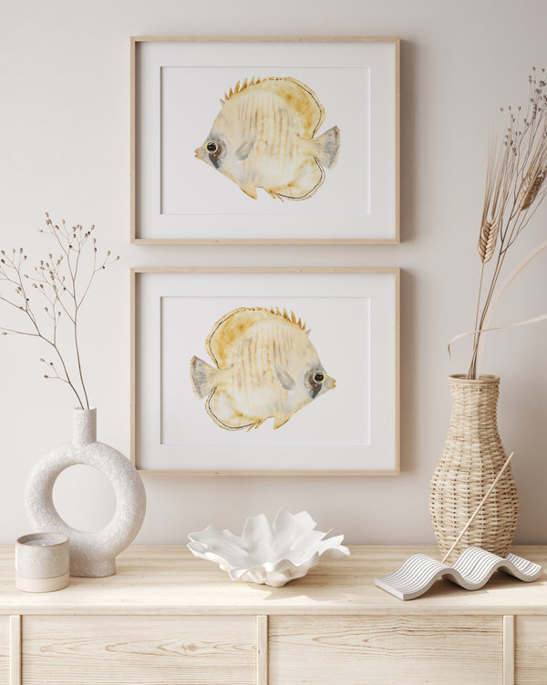 Yellow watercolor fish, set of 2 prints, kissing fish wall art