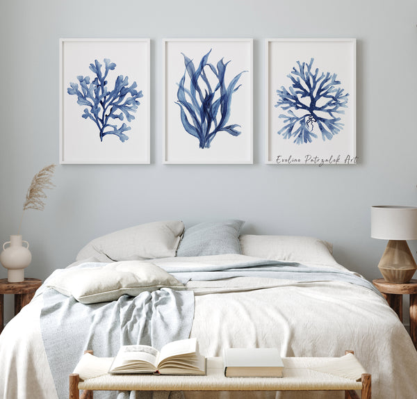 Seaweed and coral fine art posters in navy blue tones