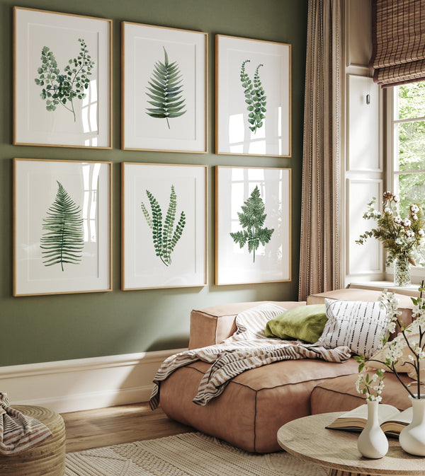 Set of 6 green fern leaf wall art prints