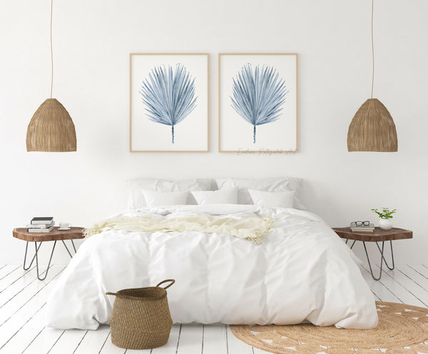 Blaue Aquarell Palmblätter Poster – Minimalistische Botanische Drucke, 2er Set – Skandinavische Boho Wanddeko