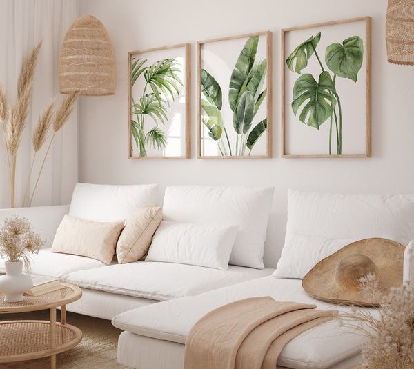 Botanical wall posters, set of 3 green tropical leaves