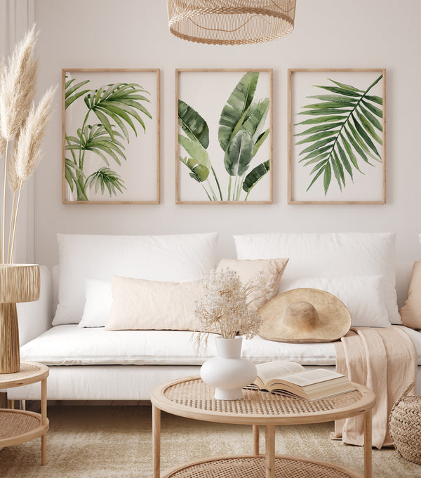 Set of 3 Green Tropical Leaves, Modern Wall Decor, Art for Living Room