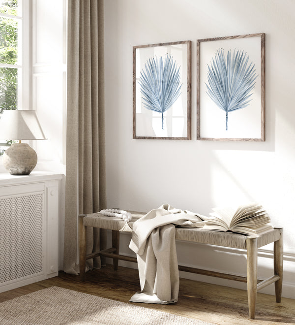 Blaue Aquarell Palmblätter Poster – Minimalistische Botanische Drucke, 2er Set – Skandinavische Boho Wanddeko