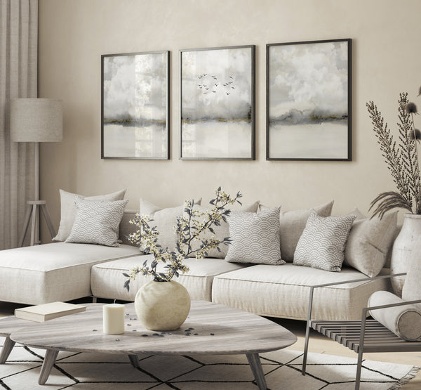 Japandi Wanddeko Set aus 3 – Minimalistische Aquarell Wolken Bilder für modernes Zuhause