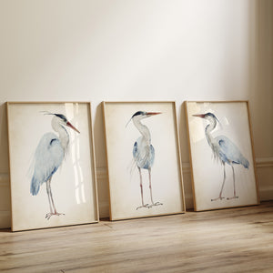 3 large wooden frames with great blue herons painted on vintage backgrpund are leaning towards the wall