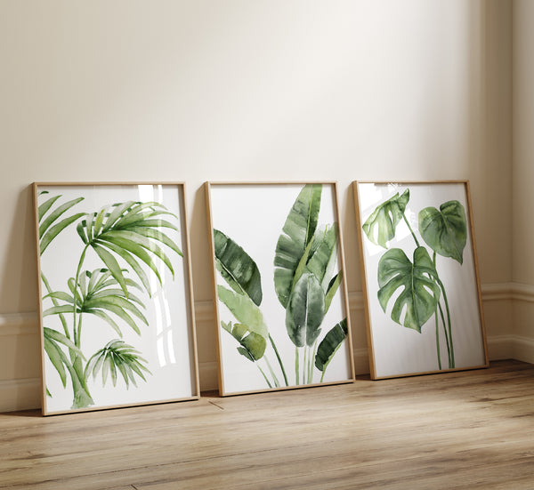 Botanical wall posters, set of 3 green tropical leaves