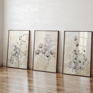 Large modern farmhouse wall art with botanical design, set of 3 prints