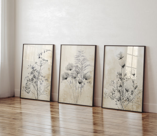 Watercolor paintings of black floral elements add a touch of nature to a room with a wood floor and white walls.