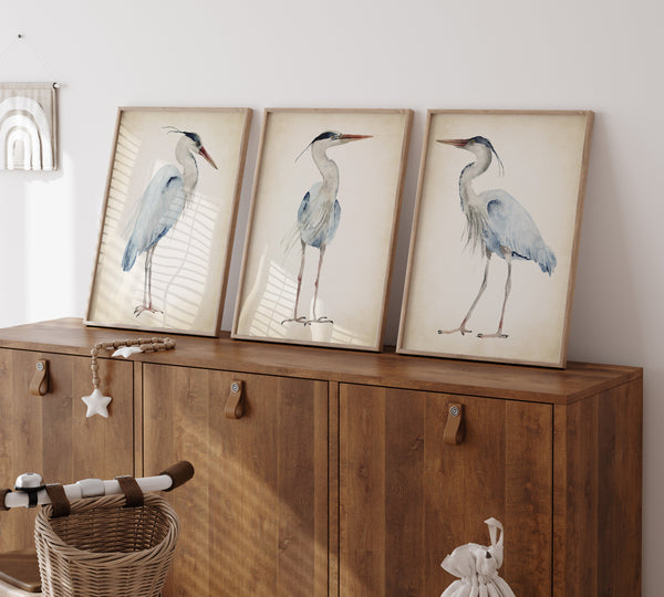 Vintage great blue heron wall art set of 3 prints