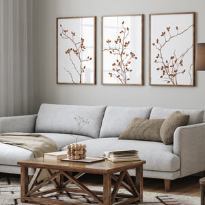 Set of 3 Japandi Wall Art Prints – Minimalist Watercolor Botanical Decor in Earth Tones – Modern Natural Aesthetic for Living Room or Bedroom
