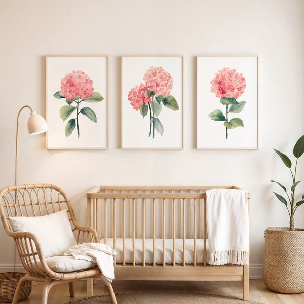 Watercolor hydrangea flower prints, Set of 3 Posters