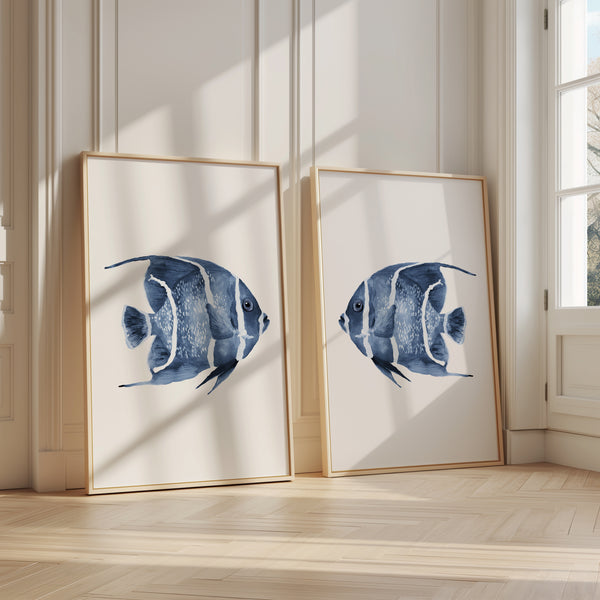 Watercolor Navy Blue Angelfish Art Prints – Set of 2 Hand-Painted Coastal Wall Decor