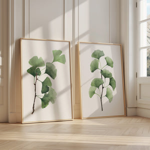 Botanical Wall Art – Set of 2 Ginkgo Leaf Prints in Watercolor – Japandi & Scandinavian Style Decor