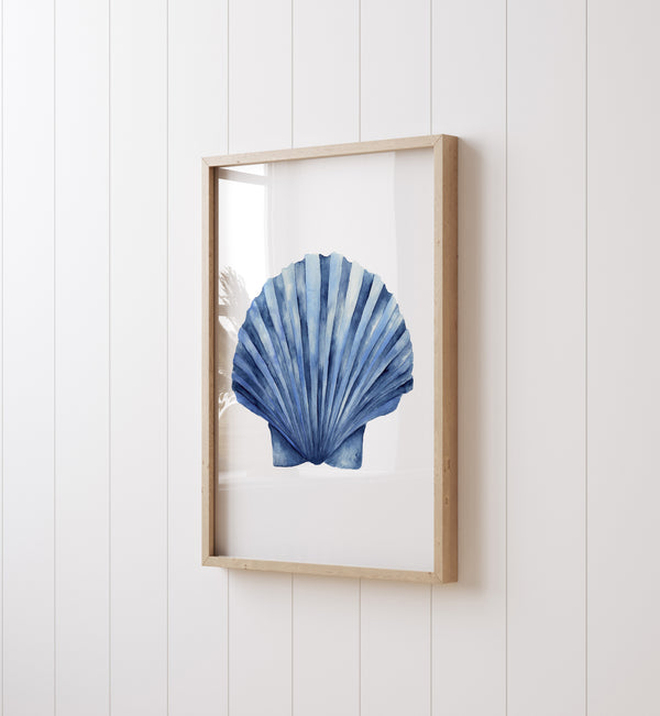 Indigo Coastal Wall Art Set of 3 – Scallop Shell & Coral Watercolor Prints