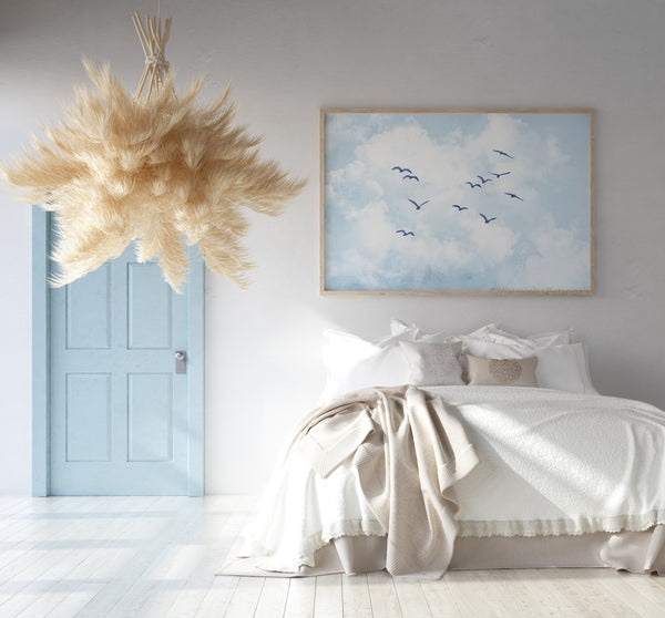 Abstract Blue Sky and Clouds Print – Modern Coastal Watercolor Wall Art