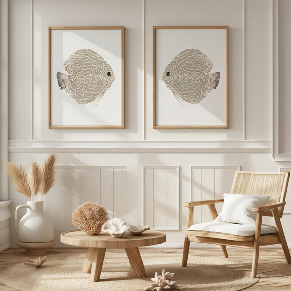 Boho set of 2 prints, modern coastal neutral art, beige abstract fish