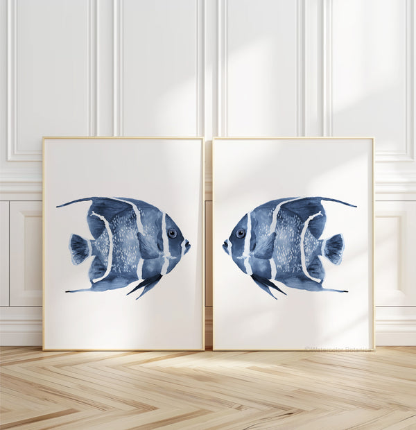 Watercolor Navy Blue Angelfish Art Prints – Set of 2 Hand-Painted Coastal Wall Decor