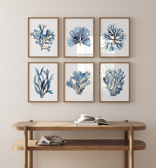 Korallen Wandkunst – 6-teiliges Küsten-Minimalismus Druckset in Marineblau und Beige